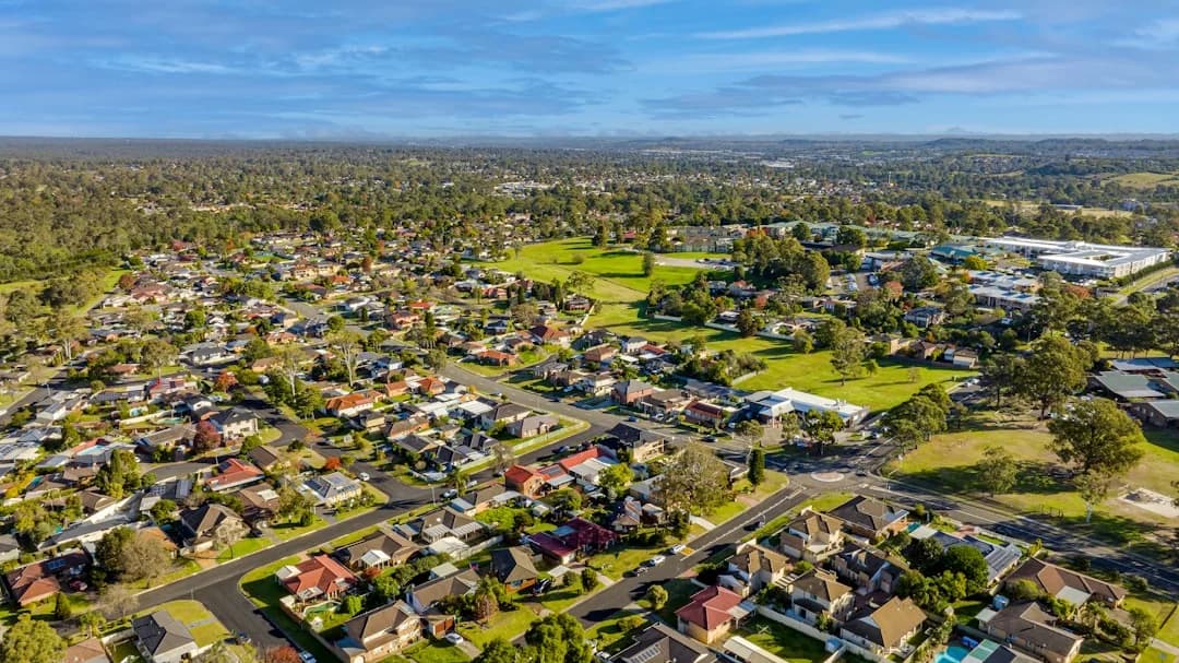 Aerial view of an established suburban neighbourhood