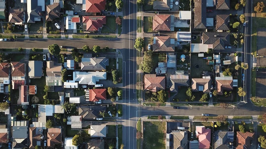 Aerial view of suburban rooftops