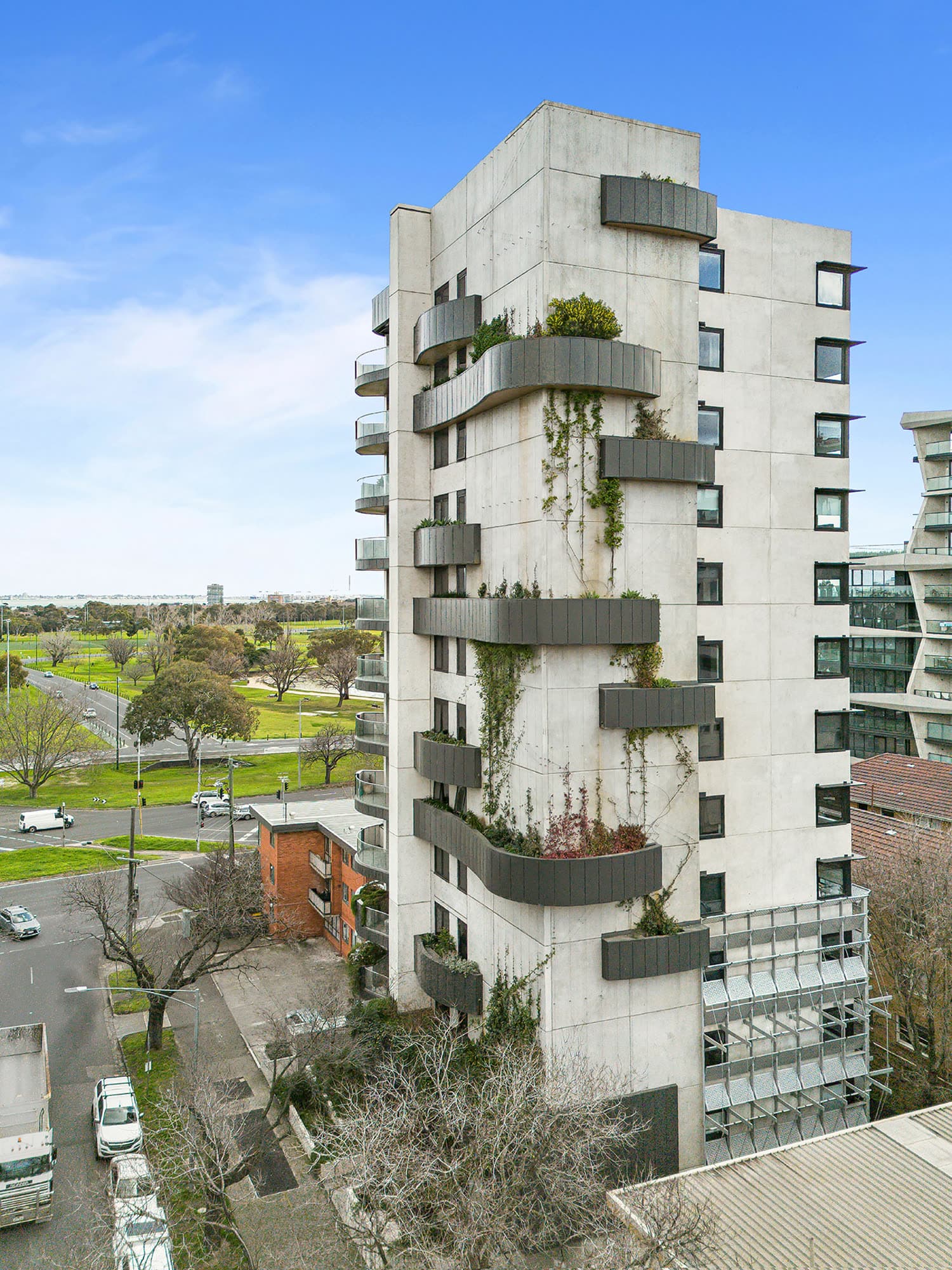 The sculptural facade of the K1 building on Union Street, Melbourne